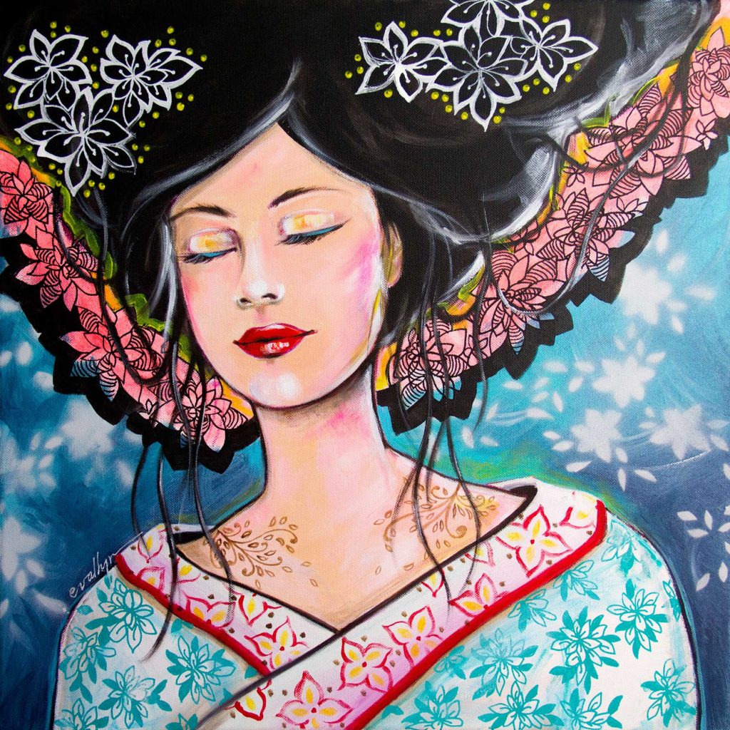 Portrait femme au kimono, inspiré d'une geisha, peinture acrylique